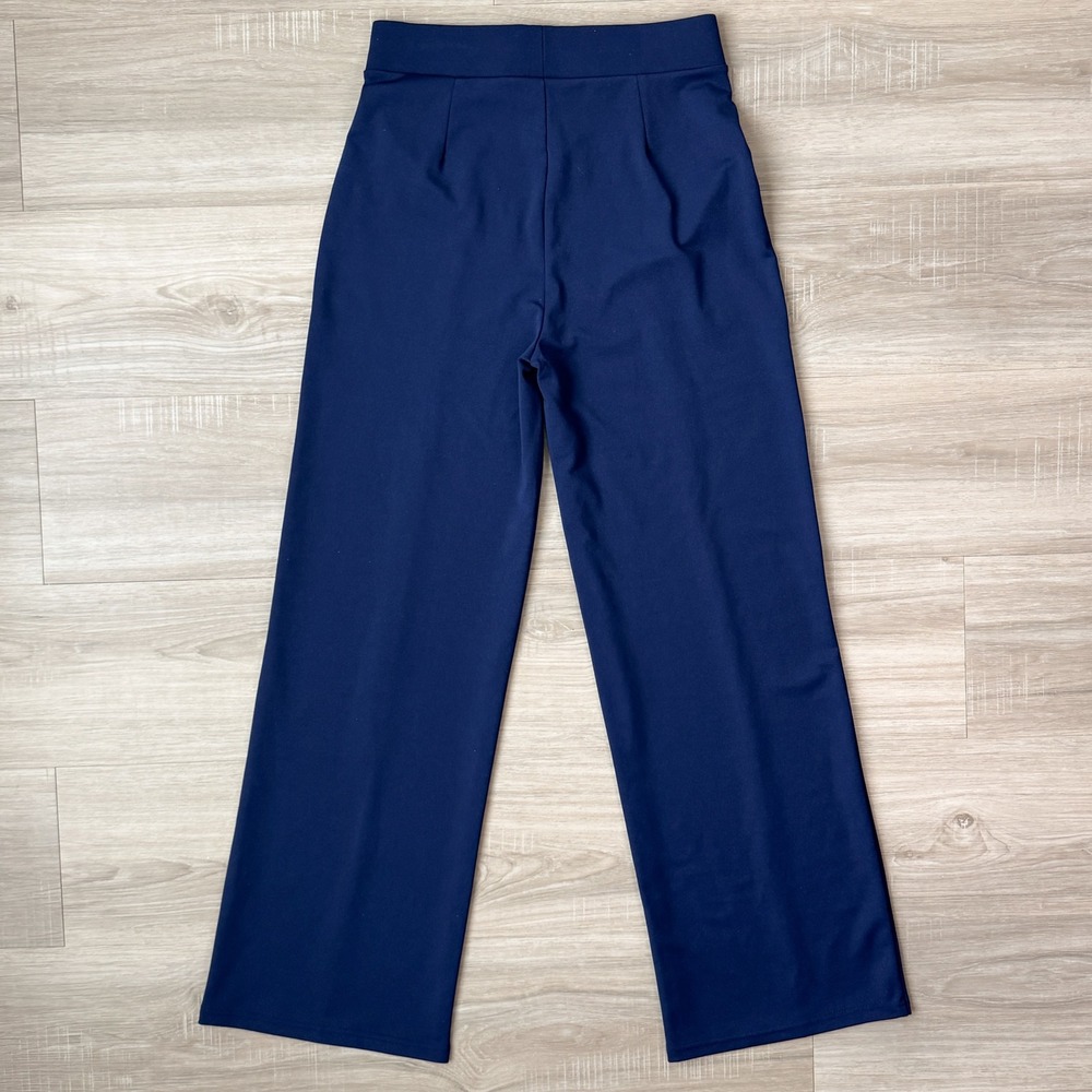 Navy Wide Leg Trousers High Rise Stretch Pants Minimalist Workwear Size M - Picture 4 of 6